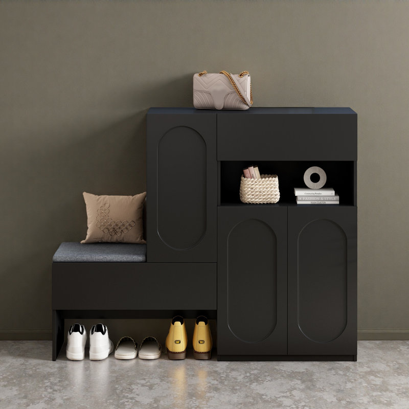 Élégant range-chaussures 2-en-1 avec coussin moelleux, banc de rangement moderne avec portes arquées et dispositifs de rebond, range-chaussures polyvalent avec tablettes réglables pour le couloir et le salon