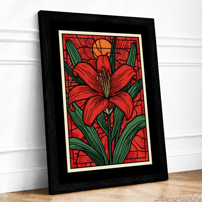 Red Lily Bloom Botanical - Print, A1 - 84.1 x 59.4 cm, Black