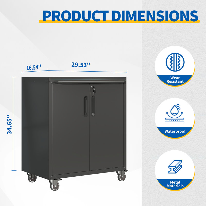 29.5" Heavy-Duty Rolling Metal Garage Cabinet - Lockable Storage with Adjustable Shelves & 360° Swivel Casters, Black