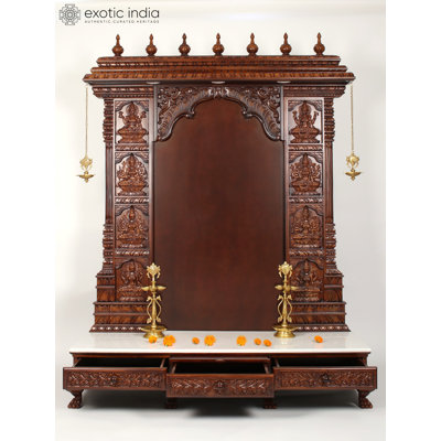 72 "très grand temple sculpté Ashtalakshmi en bois sculpté avec lampes en laiton - Pooja Mandir traditionnel indien fabriqué à la main avec base en marbre