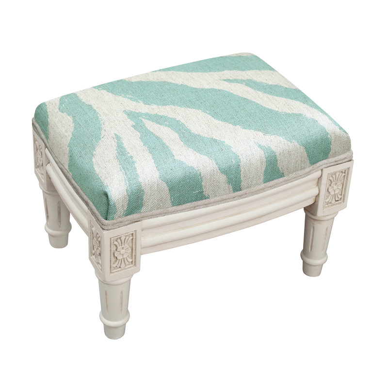 Camary Upholstered Ottoman, Aqua Linen Blend, White