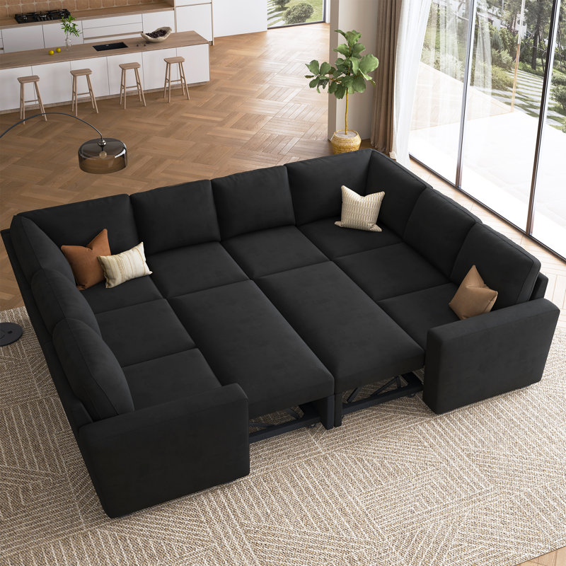 Niyona Modular Sleeper Sectional Sofa Convertible U-Shaped Sofa Bed, Black Velvet