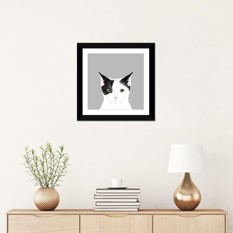 Chat, impression sur toile tendue, H 16 po x l 16 po x P 1 po, Papier d'art encadré noir, Blanc