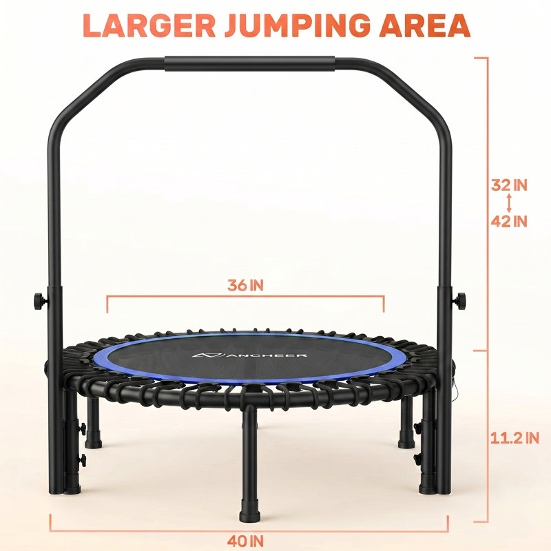 40" Foldable Mini Trampoline,Max Load 450Lbs Indoor Trampoline,With 4 Level Adjustable Foam Handle And Resistance Bands,Adult Exercise Trampoline For Home, Garden, And Gym