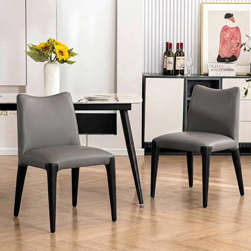 Chaise de salle à manger rembourrée en cuir véritable 21 po de large moderne sans assemblage (ensemble de 2), Gris foncé