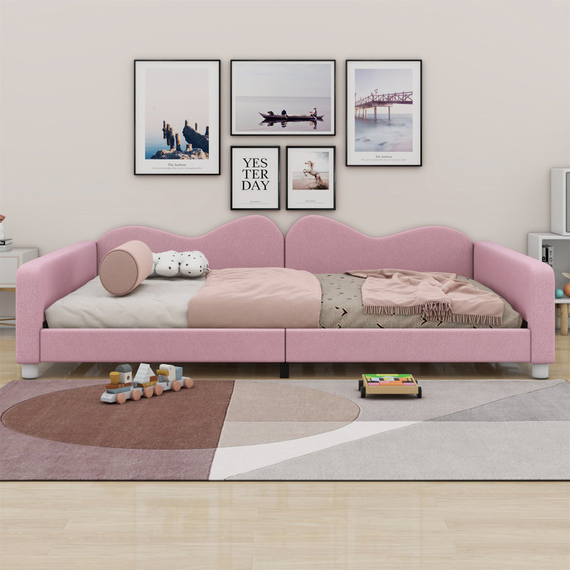Upholstered Daybed With Cloud-Shaped Backrest, Pink, Full
