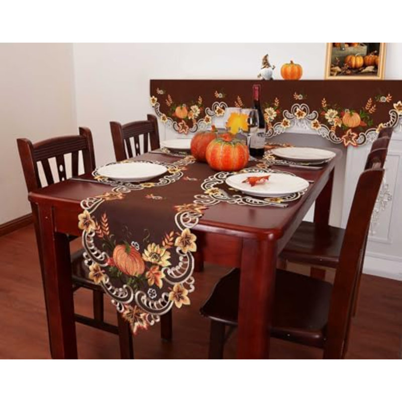 Napperons brodés ronds bruns, motif citrouilles de la récolte de l'Action de grâce, pour décorations d'automne (ensemble de 4 napperons ronds de 38 cm)