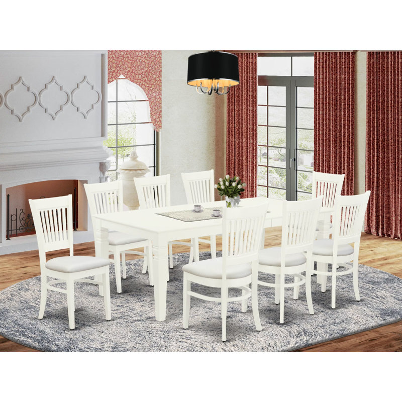 Ensemble de salle à manger 9 pièces comprenant une table de salle à manger rectangulaire avec rallonge papillon et 8 chaises de cuisine en lin, blanc lin