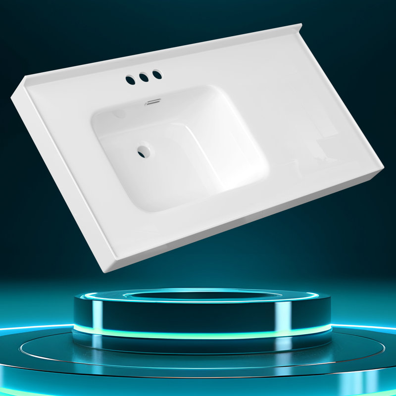 43" L x 22" W Solid Surface Left Offset Single Bathroom Integrated Vanity Top In White Bathroom Countertop With Sink With 1-3/8" H Backsplash