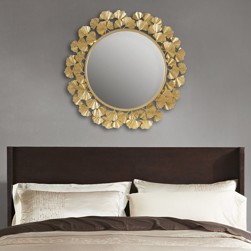 30.5"Eden Gingko Leaf Round Wall Mirror, Gold