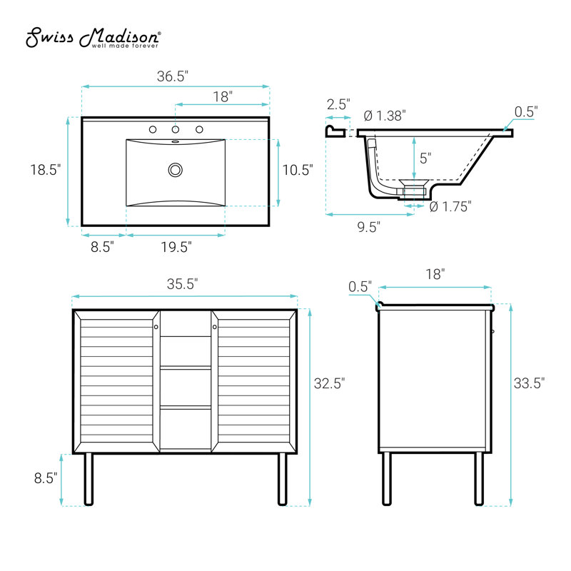Bron 36" Freestanding Bathroom Vanity in Brown Oak with 3-Hole Widespread Sink Top, Brown Oak, White, 8" Widespread