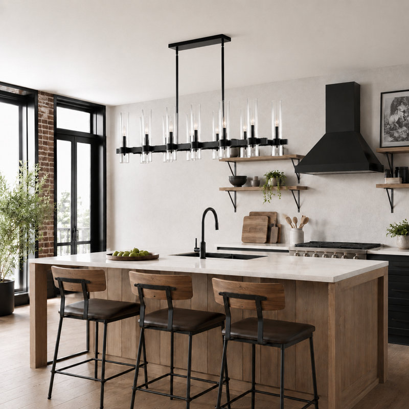 47 Inch 12-Light Modern Farmhouse Linear Chandelier with Clear Glass Shades, 79.9" H x 47" W x 11" D
