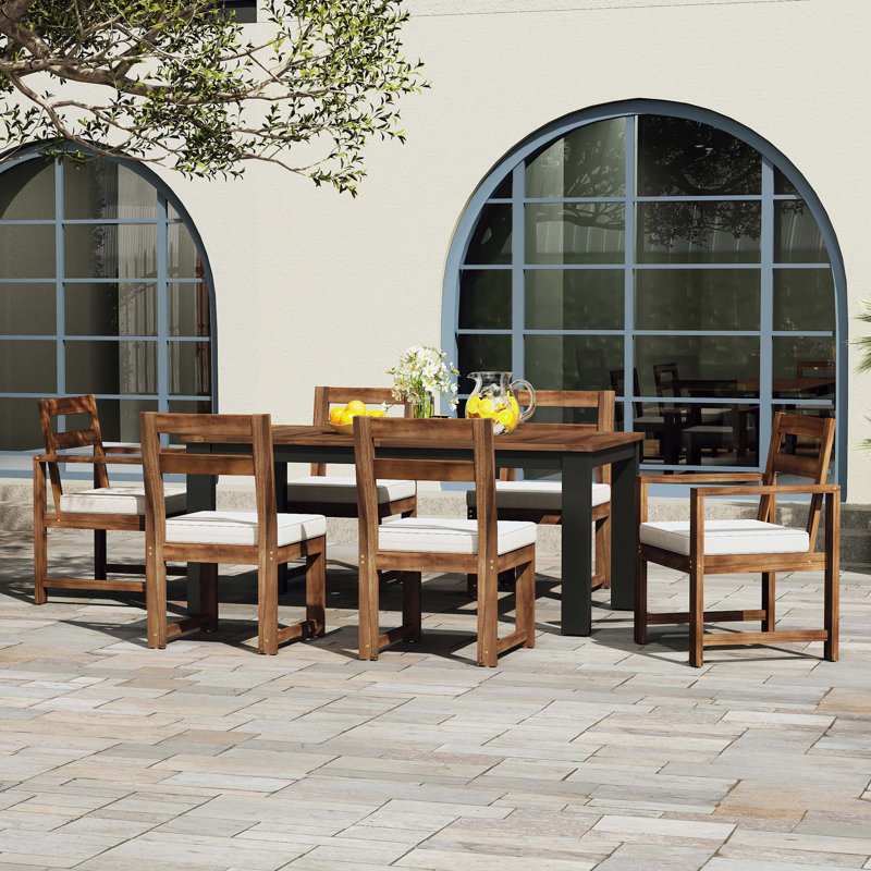 Ensemble 7 pièces de table et chaises de patio avec trou pour parasol, 2 fauteuils et 4 chaises d'appoint, Mocha / noir