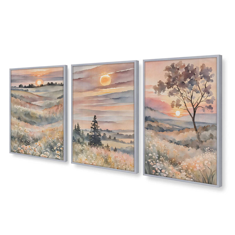 Coucher de soleil dans la vallée en fleurs, ensemble de 3 impressions, Cadre en chrome poli