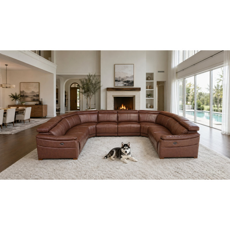 Mietoon Leather Match Large Seating Power Recliner Sectional, Dark Brown Leather Match