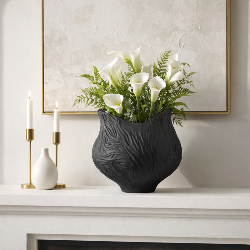 Modern Stoneware Porcelain Vase with Organic Carved Texture and Sculptural Irregular Rim Design, 16" H x 14" W x 14" D