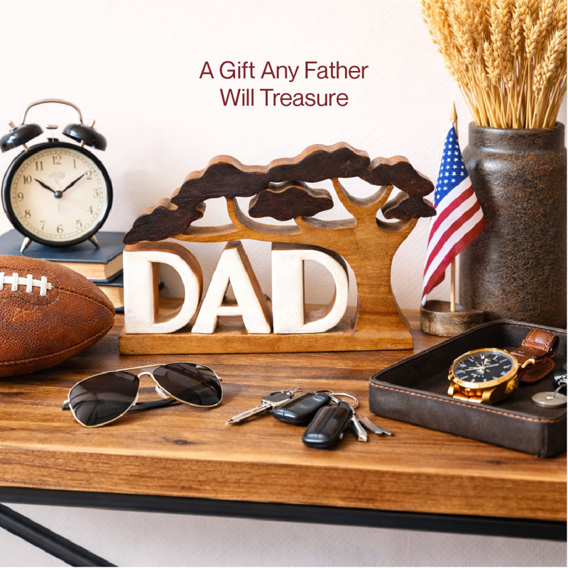 Handmade Wooden DAD Word Sculpture Under a Tree Solid Acacia Wood Unique Christmas Gift and Home Decor