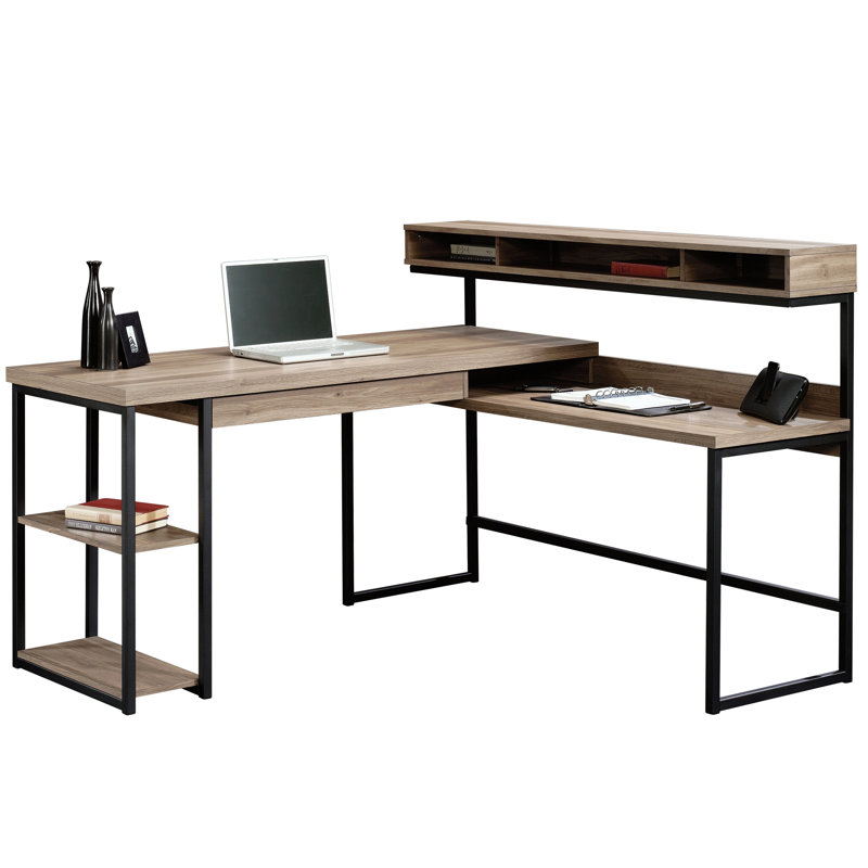 Bureau industriel en forme de L avec tablette à casiers surélevée, finition brune