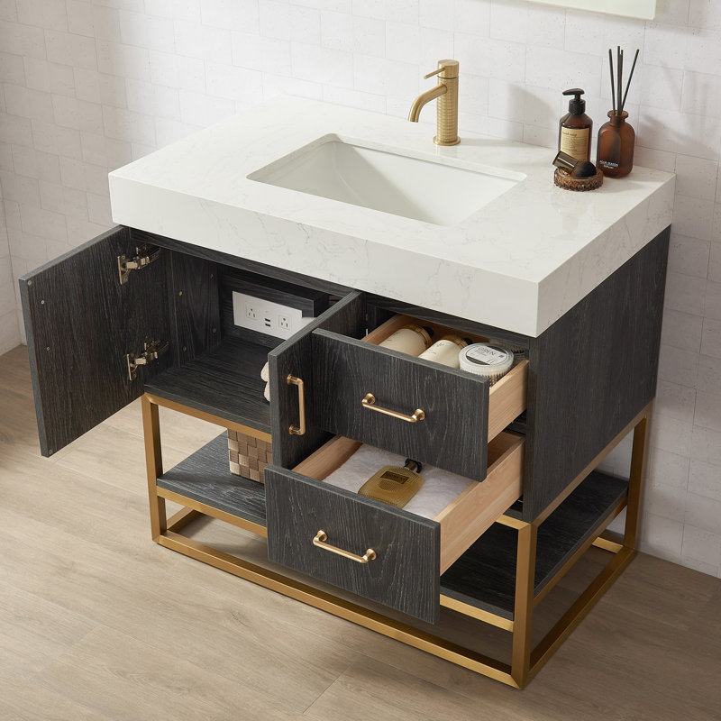 Alistair 36'' Single Bathroom Vanity with Engineered Stone Top, Gold, North American Oak, White