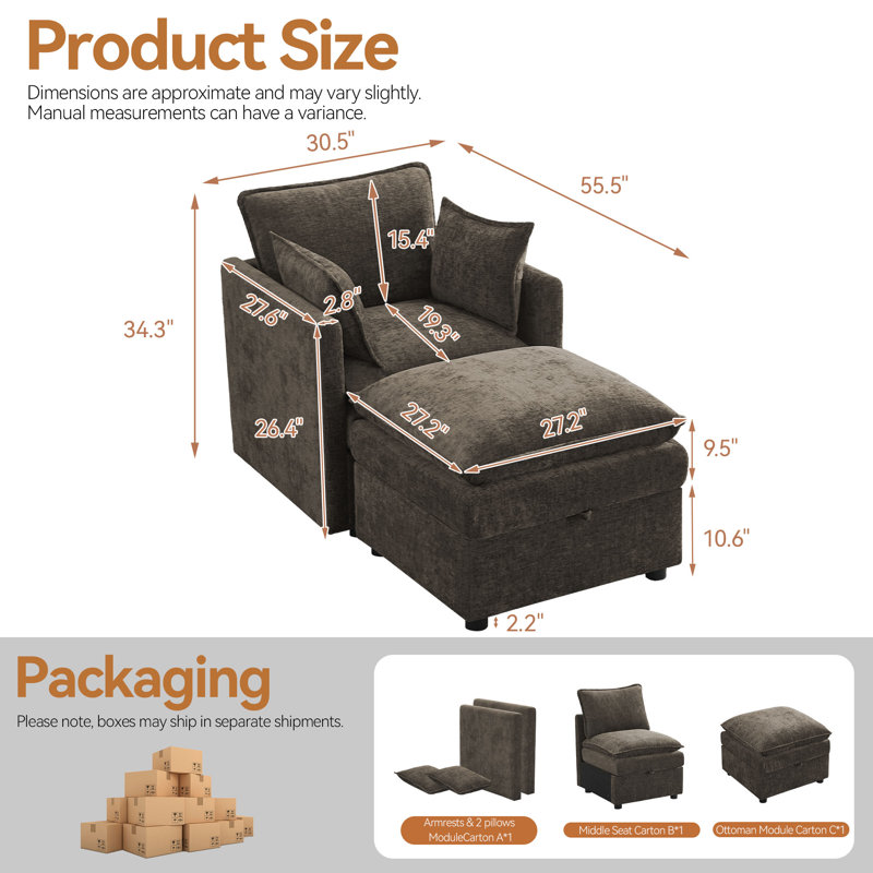 Upholstered Accent Chair + Storage Ottoman Set – 2-Piece with Hidden Compartments, Brown