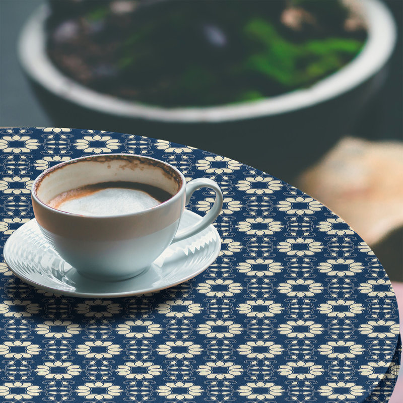 Bungalow Rose Oriental Themed Fitted Round Tablecloth Indigo Eggshell