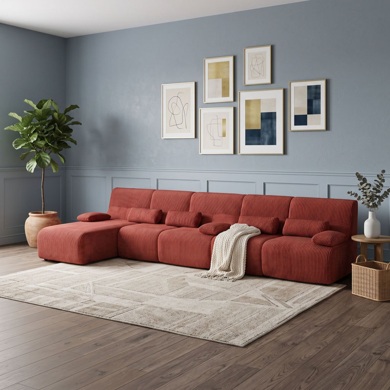 Canapé modulaire 5 places avec soutien ergonomique et velours côtelé, Red