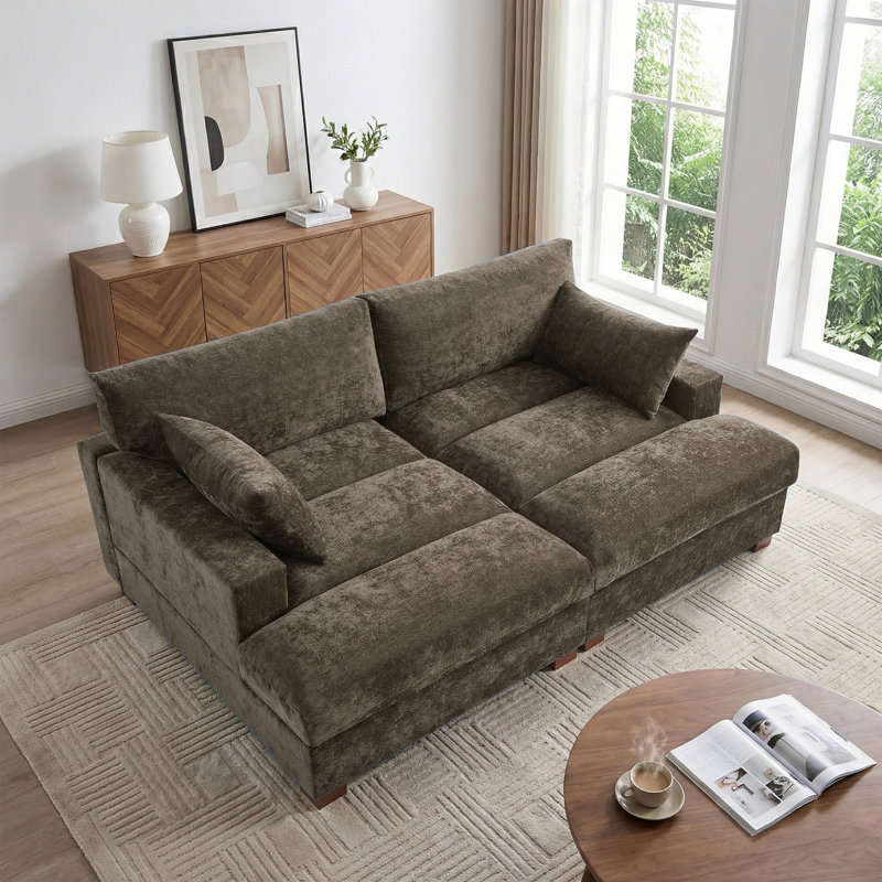 Canapé-lit surdimensionné en chenille avec accoudoirs et coussins décoratifs, Chameau