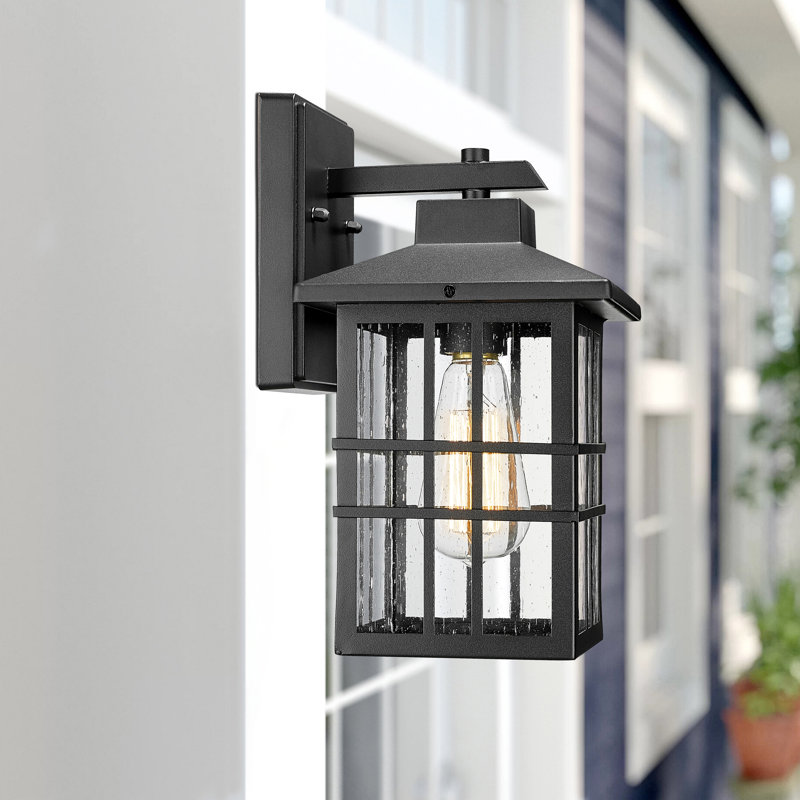 Modern Farmhouse Outdoor Wall Lantern, Weather-Resistant Anti-Rust Sconce With Seeded Glass For Porch, Patio, Garage