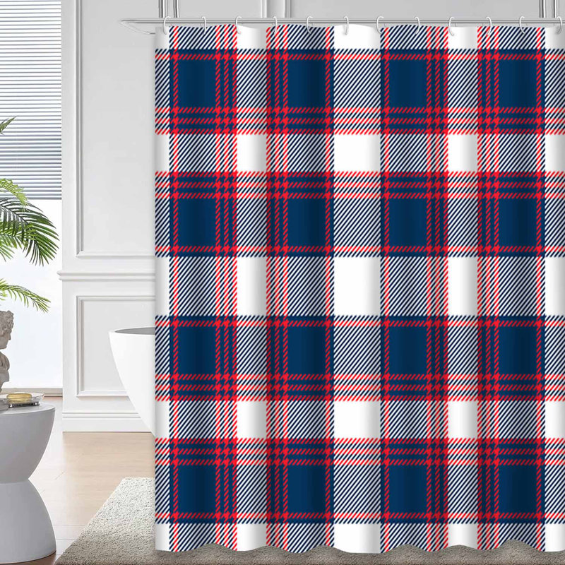 Rideau de douche bleu à motif écossais bleu et rouge avec 12 crochets, L 72 po x l 84 po