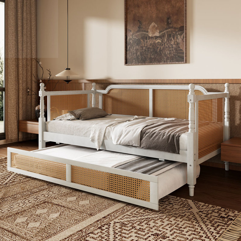 Lit de jour en rotin avec couchette Chatney, Double, Blanc antique