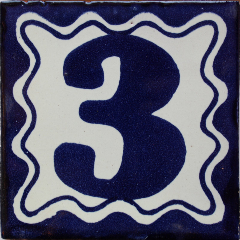 4.2" x 4.2" 3pcs TalaMex Blue Talavera Tile Number Three