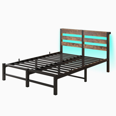 Modern Metal Platform Bed With Noise-Free Design - RGB Backlit Wooden Headboard, Built-In USB Charging Station & Integrated Underbed Storage