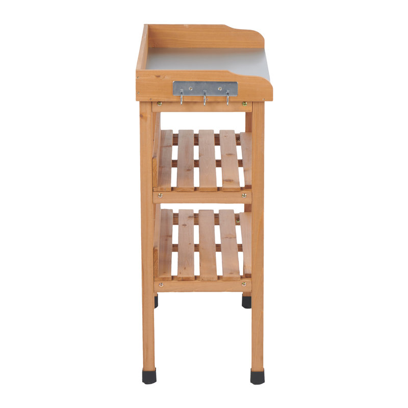 Table de rempotage avec plateau en métal, banc de travail extérieur à 3 couches avec crochet pour le jardin, poste de travail en bois massif pour le garage