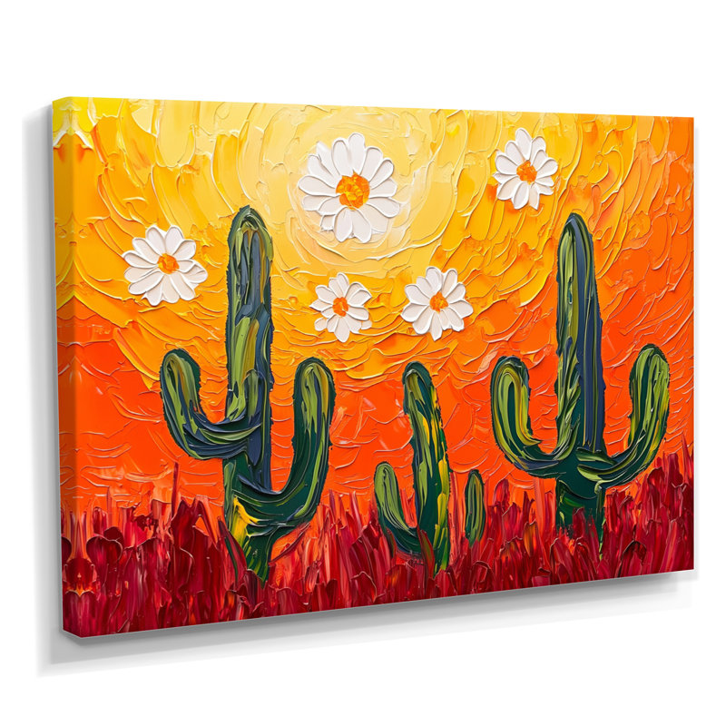 Joshua Tree Cactus Sunset Hues - Art mural imprimé cactus floral, H 24 po x l 32 po, Wrapped Canvas, Ne s’applique pas