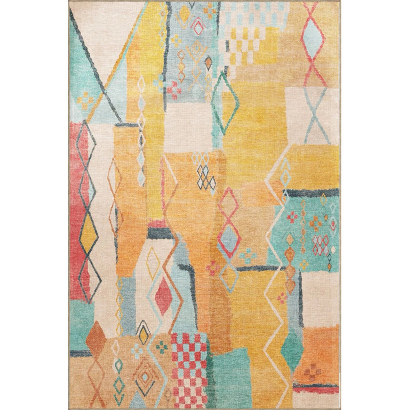 Multicolored Mixed Motif Geometric Patterned Fringed Vintage Decorative Carpet, Rectangle 2'4" x 4'