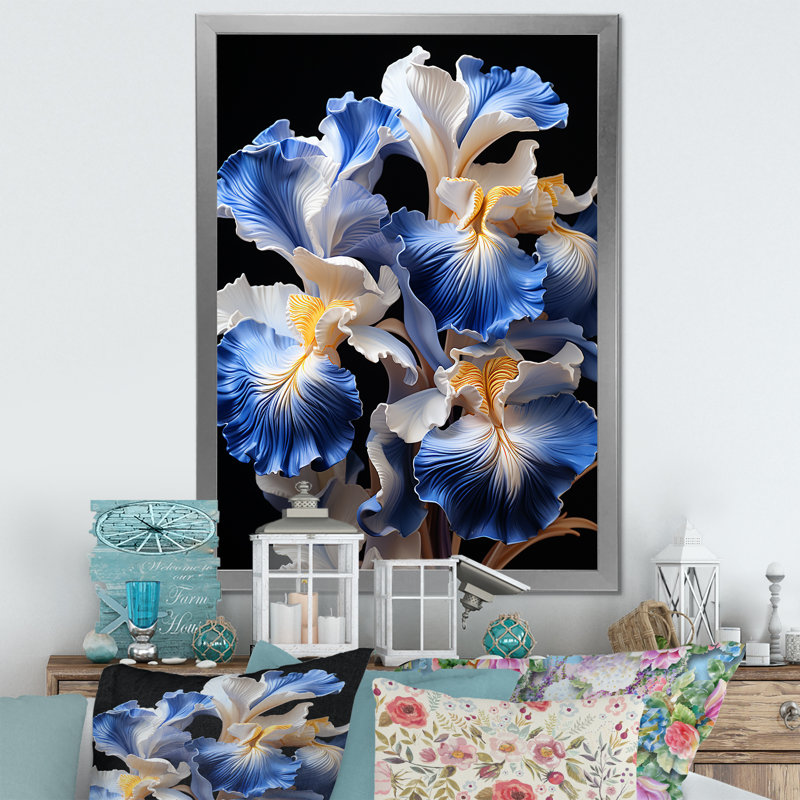 «White and Blue Irises Elegance I», art mural Iris, Cadre simple argenté, H 20 po x l 12 po x P 1 po