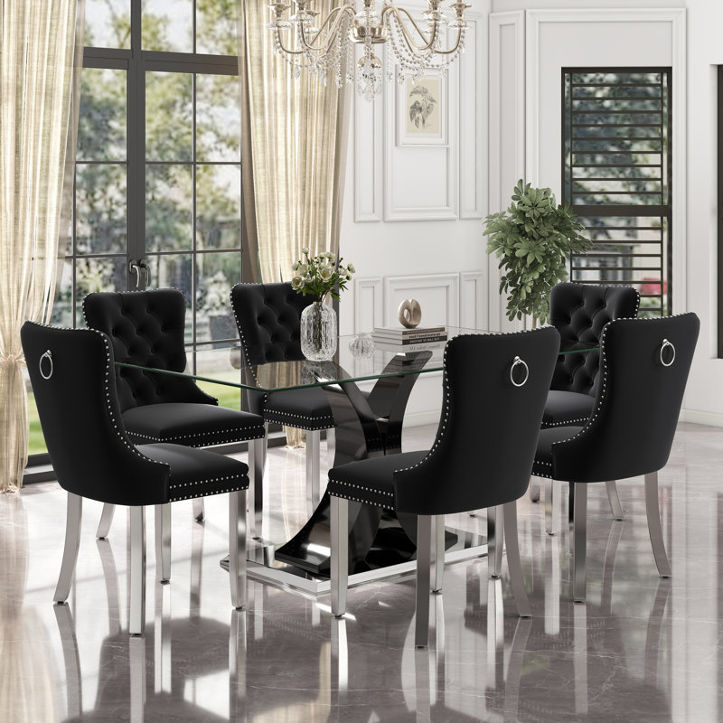 Rectangle Tempered Glass Dining Table Set, 7, Black, Black
