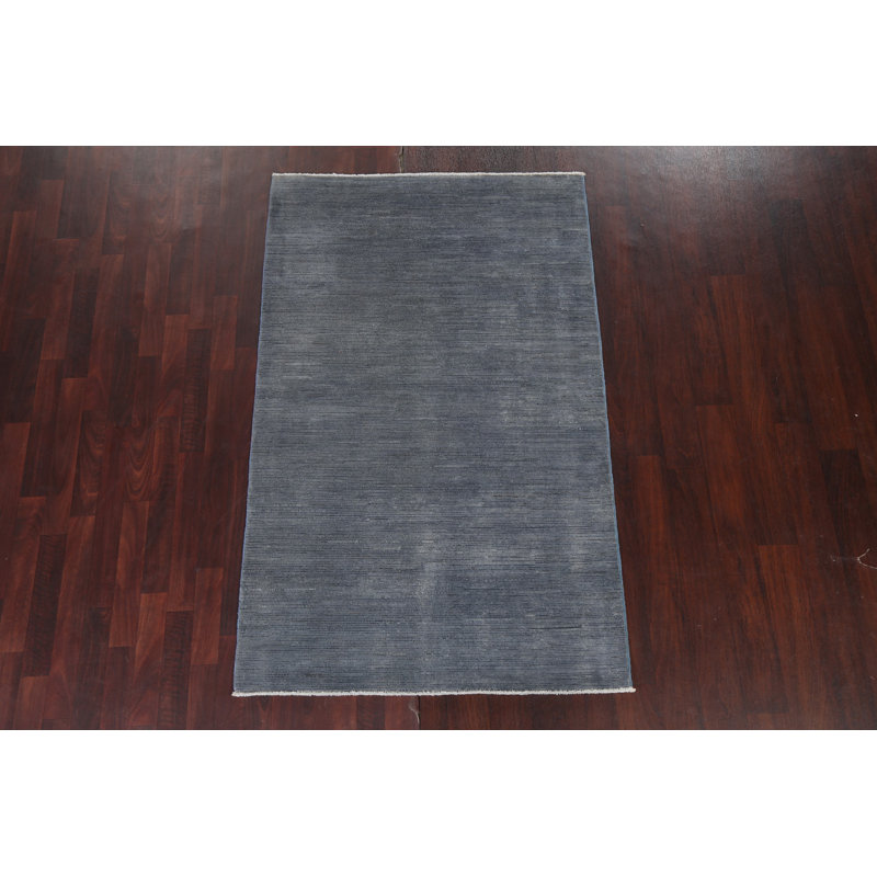 Tapis gris en laine noué à la main de conception unique 3 pi 11 po x 6 pi 3 po New Age