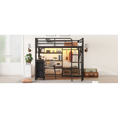 Full Size Loft Bed With Desk And Light, Metal Loft Bed With Storage Shelves, Wardrobe And Drawers For Boys Girls