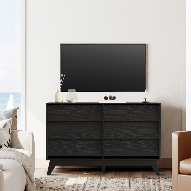 6 Drawer Dresser with Power Outlet – 47" Wide Mid Century Modern Chest of Drawers, Vintage Wooden Storage Cabinet with Metal Handles for Bedroom, Living Room, Hallway (Black)