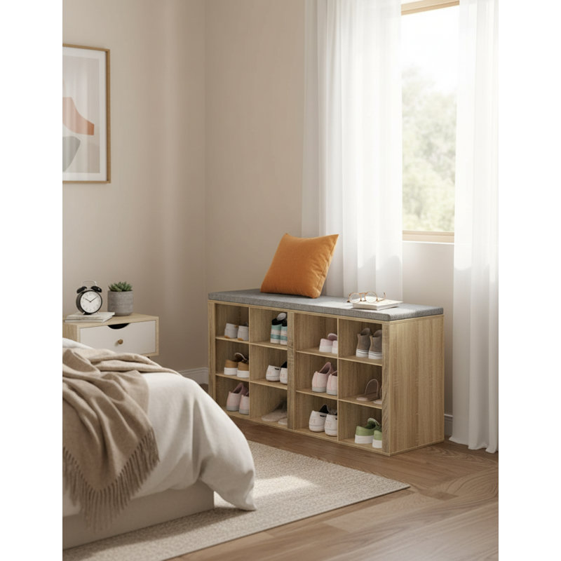 12 Pair Shoe Storage Bench, White Oak