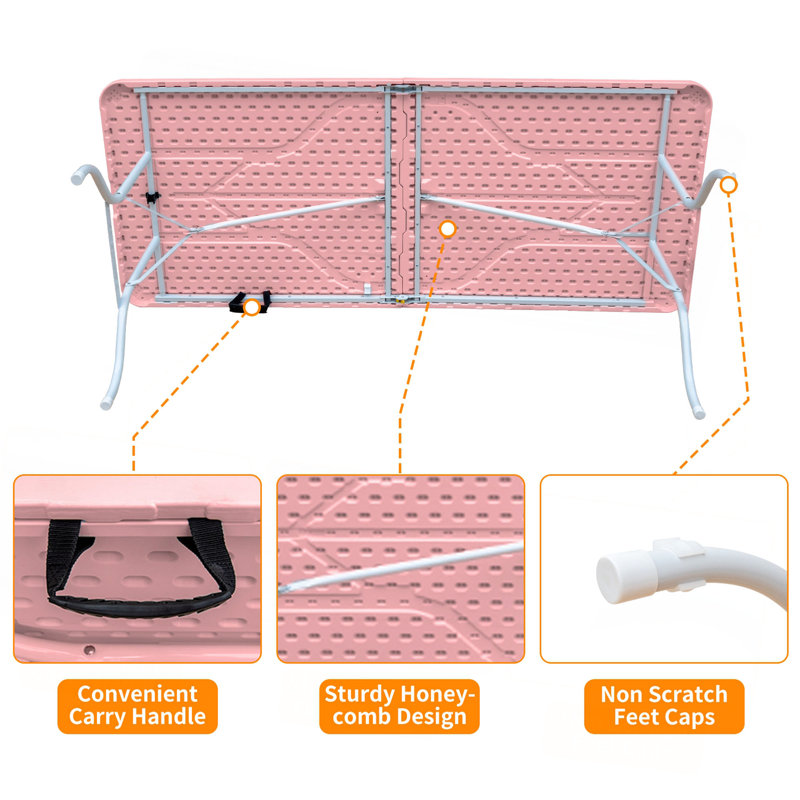 6Ft Pink Folding Table, Portable Plastic Table For Camping, Picnics, Parties, High Load Bearing Foldable Table, Pink