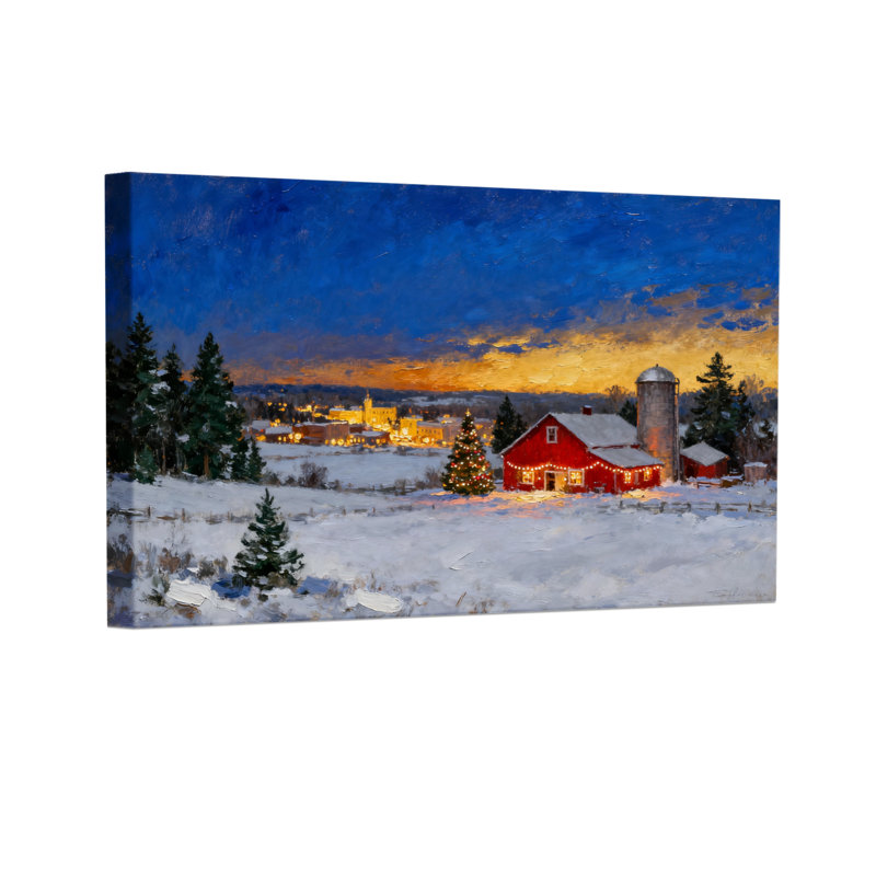 Scène de grange de Noël avec neige et lumières, ensemble de 3 impressions sur toile, H 12 po x l 18 po