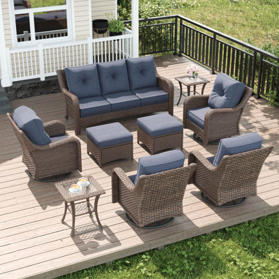 9 Piece Wicker Outdoor Furniture Set with 6-inch Comfy Cushions, High Back Patio Furniture Set with Swivel Rocking Chairs and Side Table by Lark Manor