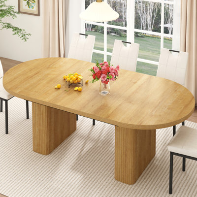 70.8 In Dining Table For 4-6, Modern Kitchen Table With Waterproof Wood Tabletop, Natural Rectangular Farmhouse Long Dining Room Tables With Foot Pads & Wood Strip Base For Kitchen Living Room