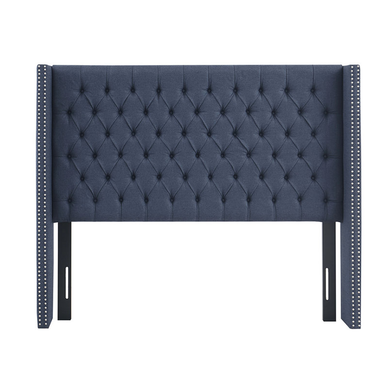 Navy Upholstered Headboard For Queen Bed, Button With Double Nailhead Decoration, Adjustable Metal Legs In Black, Assembly Required, Tool Included Tufting And Trim, Upholstery, Black Legs, Package