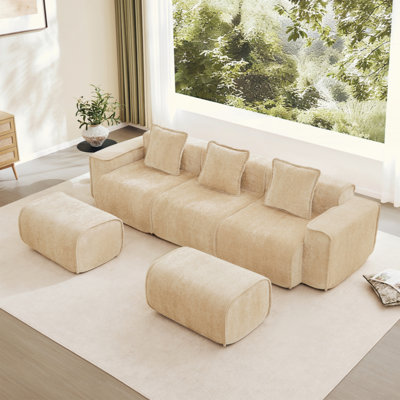 Canapé modulaire modulaire à 3 places en forme de U avec passepoil à bordure française, aucun assemblage requis, canapé 3 places avec coussins décoratifs et 2 repose-pieds amovibles, tissu en velours