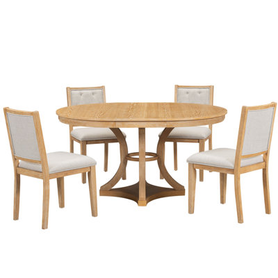 5-Piece Extendable Round Dining Table Set with Solid Wood Base and 4 Upholstered Chairs, Vintage Finish