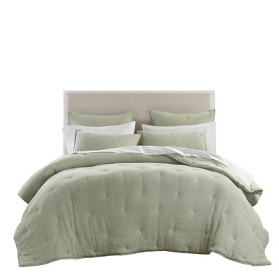 Couette brodée en gaze de coton 3 pièces pour lit double/queen, couleur sauge, douce et naturelle, confort toutes saisons, finitions soignées, taies d'oreiller assorties pour lit double/queen, couleur sauge, respirante.