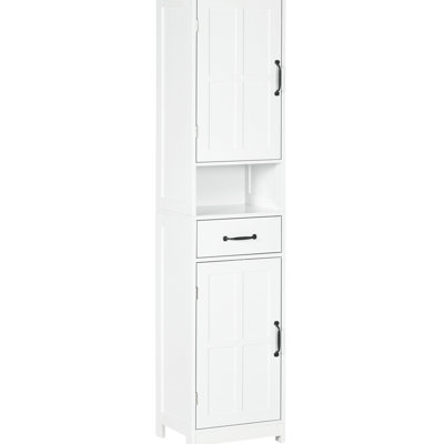 White Tall Bathroom Linen Storage Cabinet - Slim With Open Shelf, Drawer, Recessed Doors & Adjustable Shelves Tower Featuring Shelves,